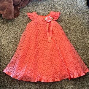 Coral Lace Kids Dress with Floral Accent